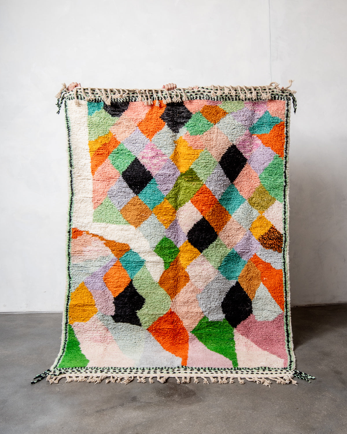 Modern, designer, handcrafted Berber rug from Morocco. Beniourain carpet with beautiful colours and patterns and fluffy wool texture.